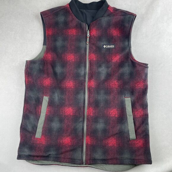 Columbia Vest Men M Black Green Reversible Fleece Plaid Lined Full Zip Hike Fish - Picture 4 of 11